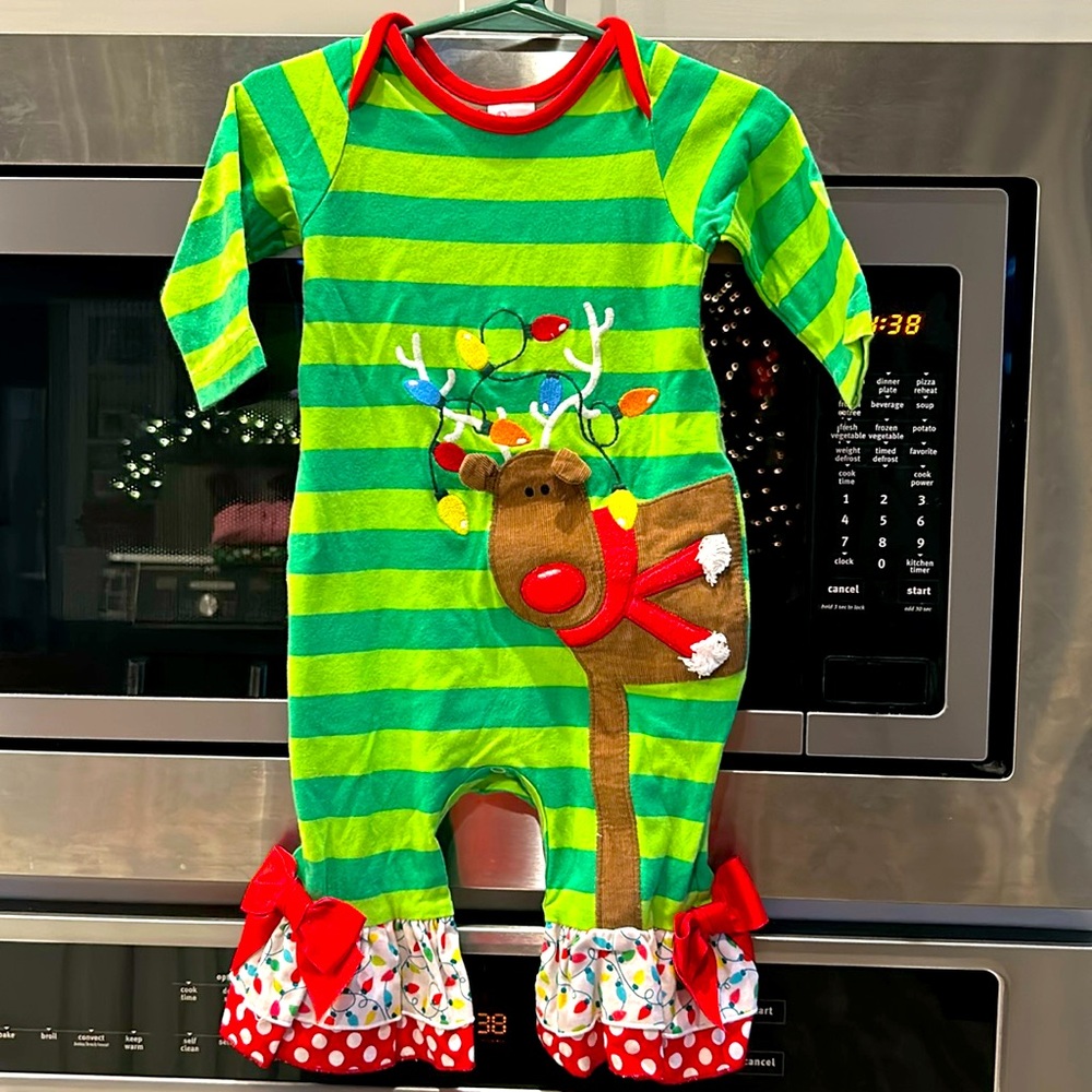 Ricrac & Ruffles Reindeer Romper. Size 6-9 month.